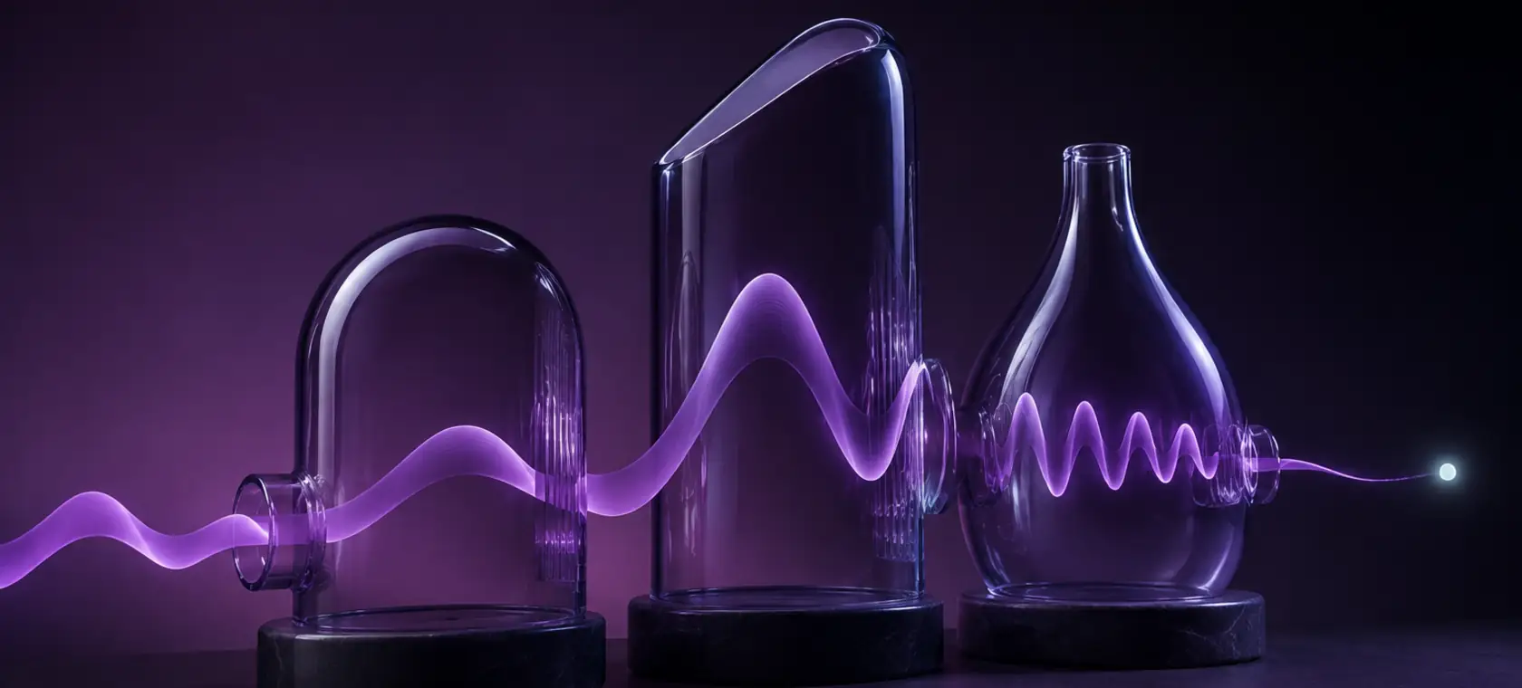 Cinta luminosa violeta que cambia de amplitud al atravesar tres cámaras de vidrio